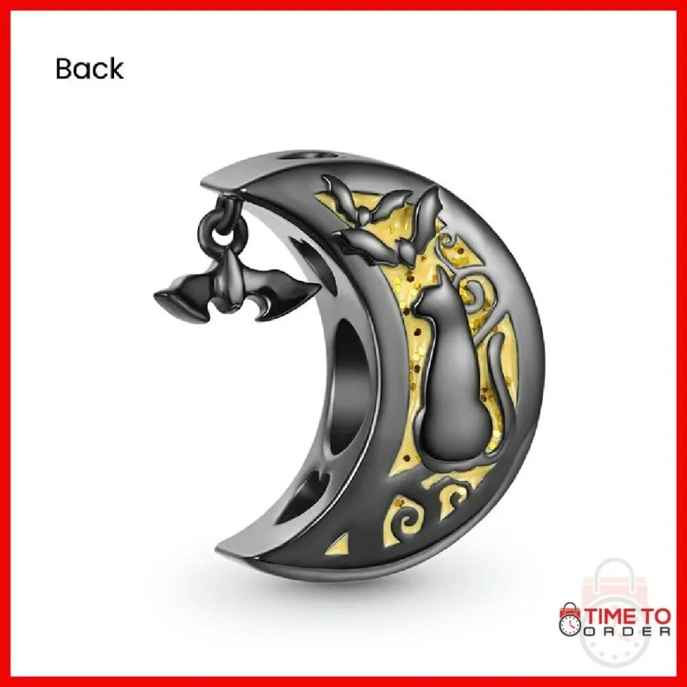 Sterling Silver Halloween Cat Moon Charm for Bracelet Necklace Gift
